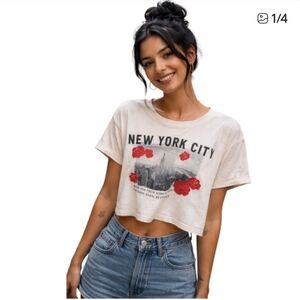 NYC Cropped Crew Neck Short Sleeve T-shirt Ecru SZ S
